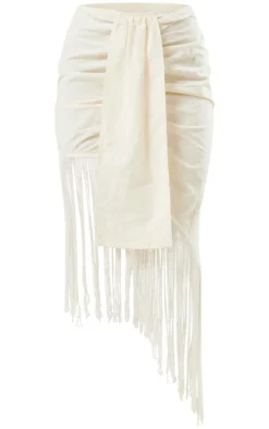Cream Linen Feel Fringe Asymmetric Skirt