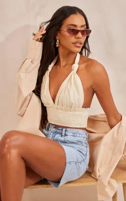 Cream Linen Feel Knot Detail Halter Crop Top