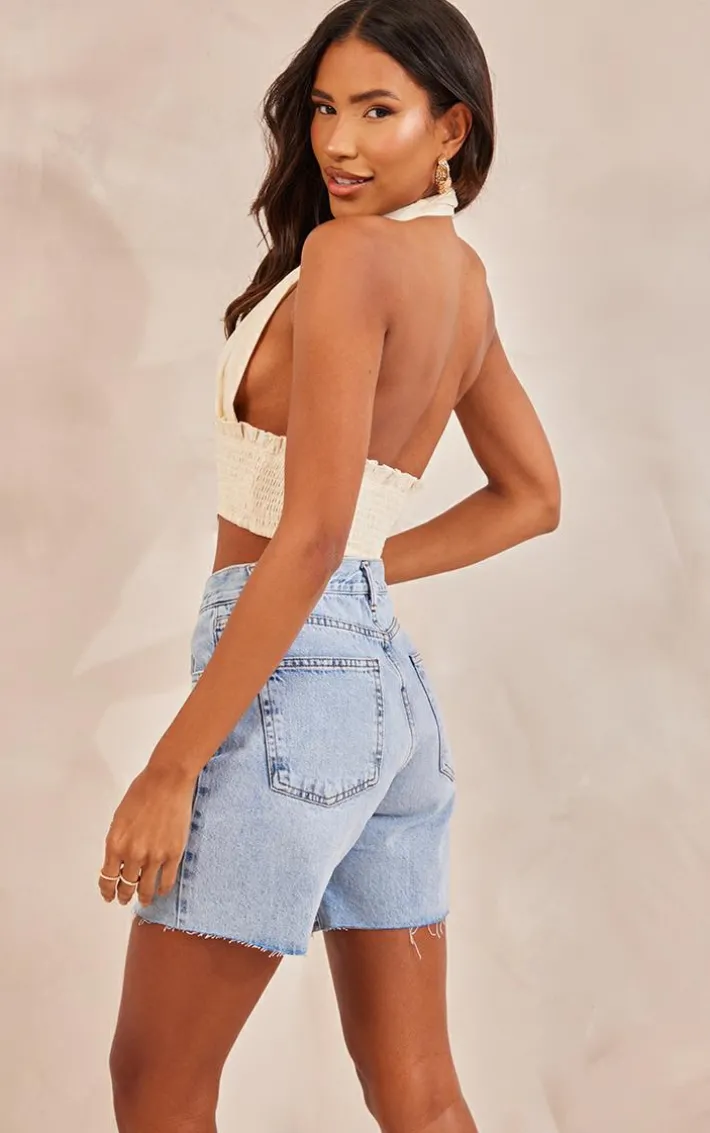Cream Linen Feel Knot Detail Halter Crop Top