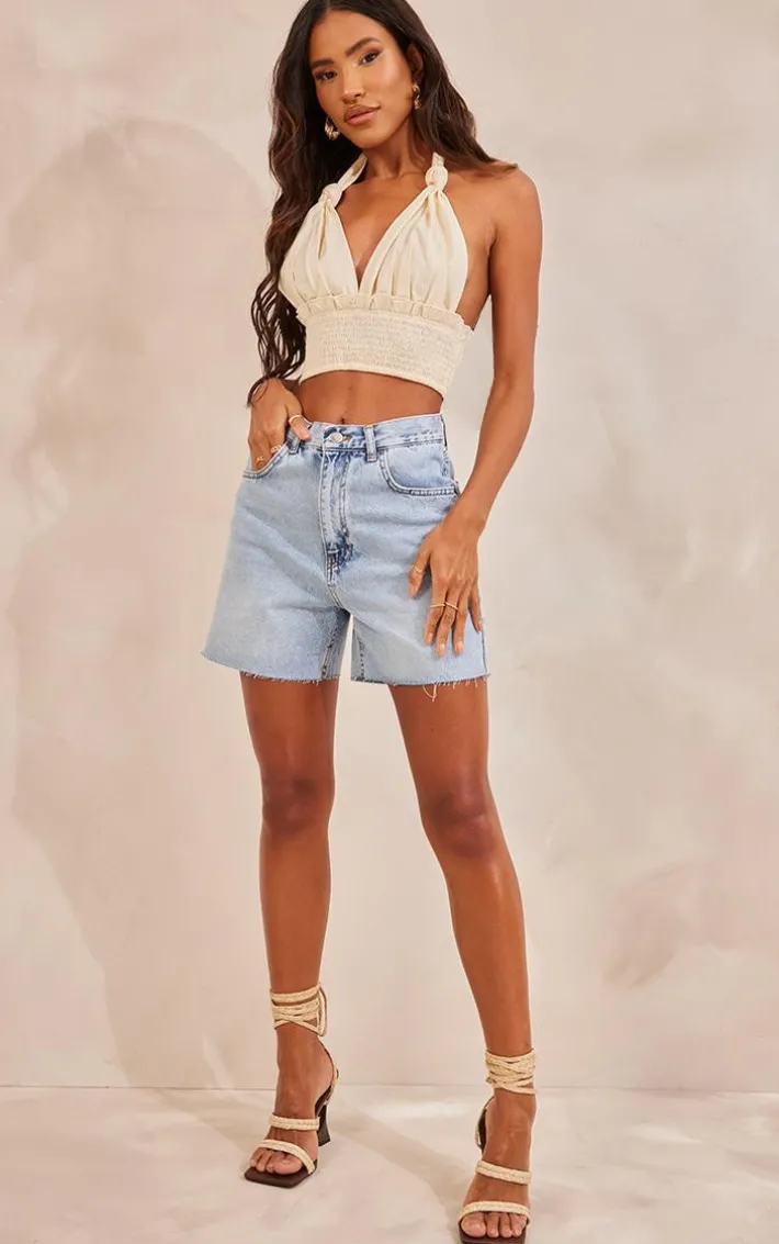Cream Linen Feel Knot Detail Halter Crop Top
