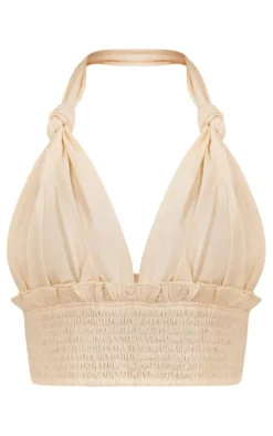 Cream Linen Feel Knot Detail Halter Crop Top
