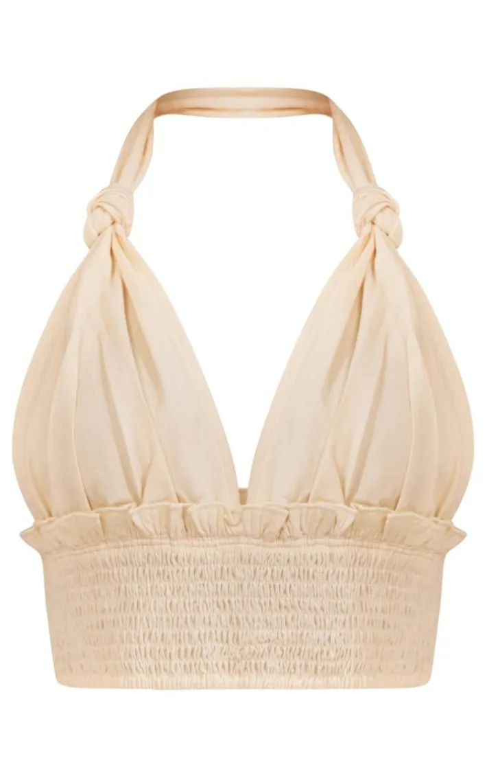 Cream Linen Feel Knot Detail Halter Crop Top