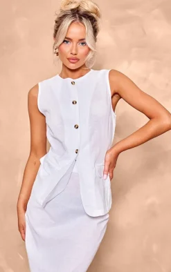 Clearance PrettyLittleThing Linen Look Button Front Longline Vest Cream
