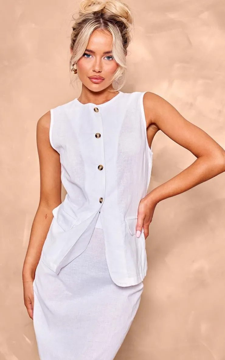 Clearance PrettyLittleThing Linen Look Button Front Longline Vest Cream
