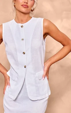 Clearance PrettyLittleThing Linen Look Button Front Longline Vest Cream
