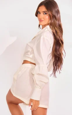 Best PrettyLittleThing Linen Look Elastic Waist Button Up Detail Cropped Shirt Cream
