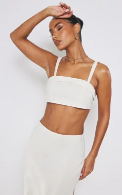 Outlet PrettyLittleThing Linen Look Foldover Detail Structured Bralet Cream
