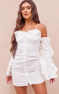Linen Look Frill Bardot Bodycon Dress-PrettyLittleThing Online