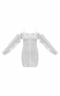 Linen Look Frill Bardot Bodycon Dress-PrettyLittleThing Online