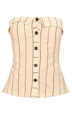 Clearance PrettyLittleThing Linen Look Stripe Fold Over Hem Button Through Longline Top Cream