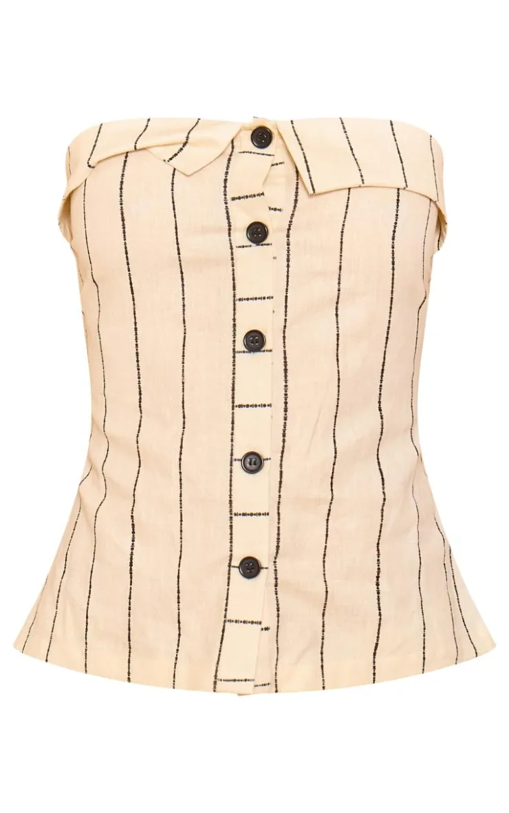 Clearance PrettyLittleThing Linen Look Stripe Fold Over Hem Button Through Longline Top Cream