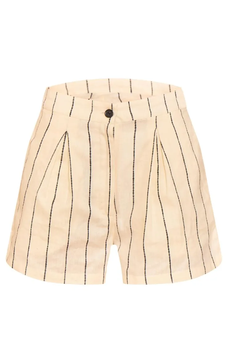 PrettyLittleThing Linen Look Stripe Tailored Shorts Cream