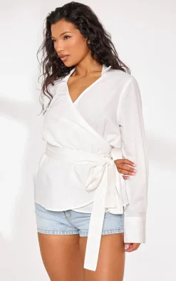 PrettyLittleThing Shirts*Linen Wrap Tie Oversize Shirt