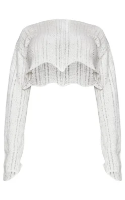 PrettyLittleThing Long Sleeve Cropped Textured Top Cream