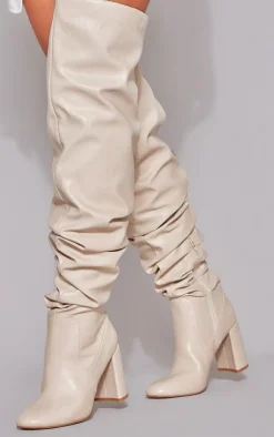 PrettyLittleThing Block Heels*Matte Pu Round Toe Ruched Over The Knee Block Heeled Boots