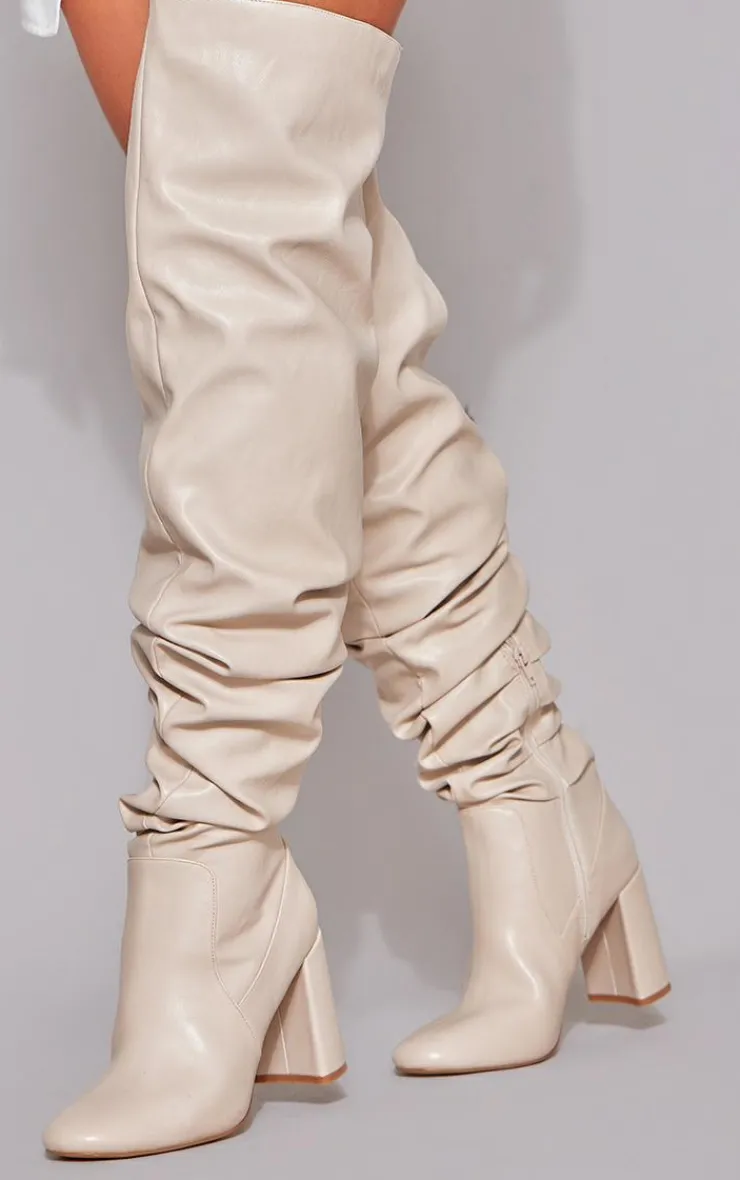 PrettyLittleThing Block Heels*Matte Pu Round Toe Ruched Over The Knee Block Heeled Boots