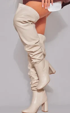 PrettyLittleThing Block Heels*Matte Pu Round Toe Ruched Over The Knee Block Heeled Boots