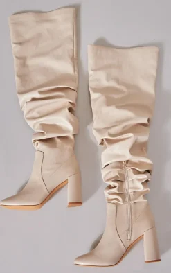 PrettyLittleThing Block Heels*Matte Pu Round Toe Ruched Over The Knee Block Heeled Boots