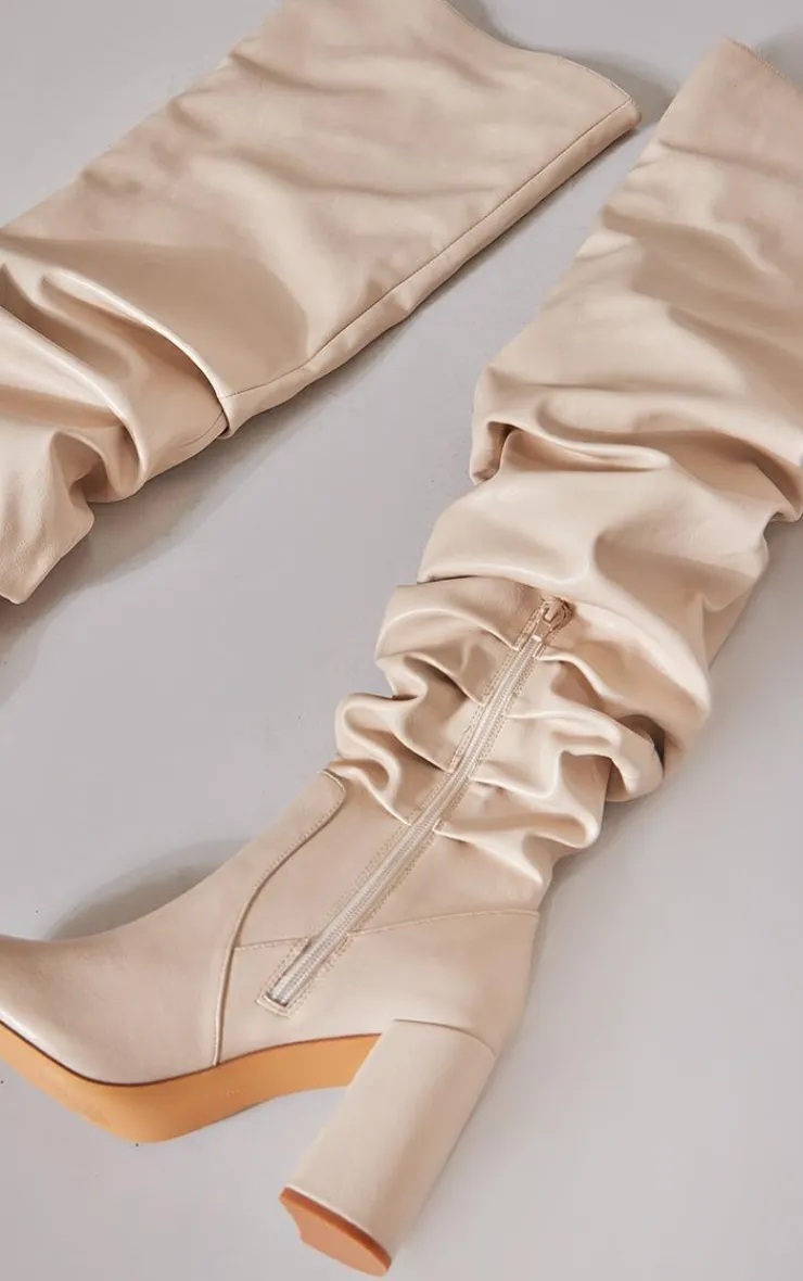 PrettyLittleThing Block Heels*Matte Pu Round Toe Ruched Over The Knee Block Heeled Boots