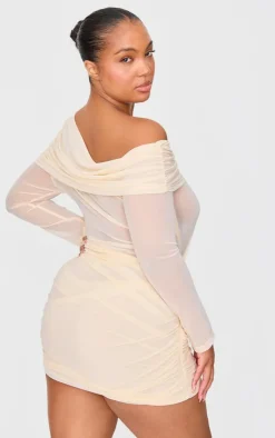 Mesh Long Sleeve One Shoulder Bodycon Dress-PrettyLittleThing New