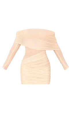 Mesh Long Sleeve One Shoulder Bodycon Dress-PrettyLittleThing New