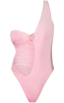 Cream One Shoulder Heart Trim Cut Out Swimsuit