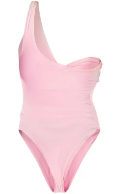 Cream One Shoulder Heart Trim Cut Out Swimsuit