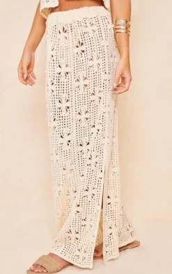 Online PrettyLittleThing Open Crochet Knit Maxi Skirt Cream