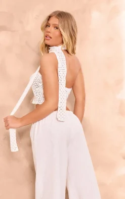 Cream Open Knit Neck Tie Crop Top
