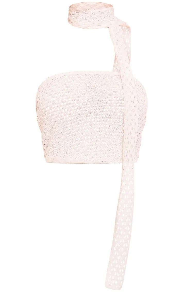 Cream Open Knit Neck Tie Crop Top