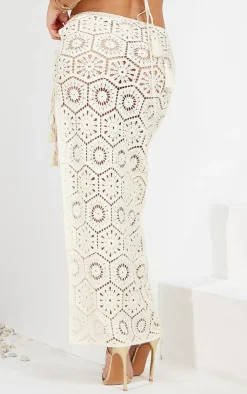 Discount PrettyLittleThing Patterned Crochet Knit Maxi Skirt Cream