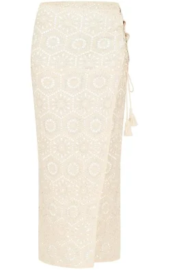 Discount PrettyLittleThing Patterned Crochet Knit Maxi Skirt Cream