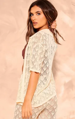 Online PrettyLittleThing Patterned Crochet Knit Button Up Shirt Cream