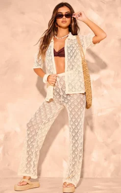 Online PrettyLittleThing Patterned Crochet Knit Button Up Shirt Cream