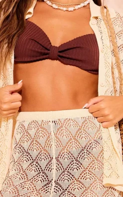 Online PrettyLittleThing Patterned Crochet Knit Button Up Shirt Cream