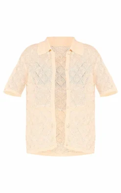 Online PrettyLittleThing Patterned Crochet Knit Button Up Shirt Cream