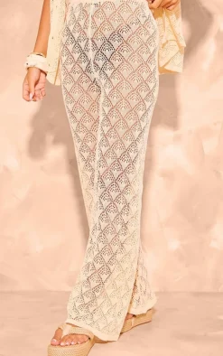 New PrettyLittleThing Patterned Crochet Knit Wide Leg Floaty Pants Cream