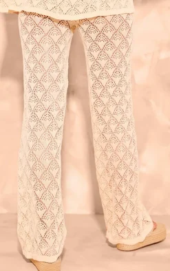 New PrettyLittleThing Patterned Crochet Knit Wide Leg Floaty Pants Cream