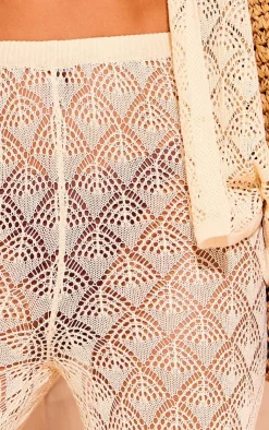 New PrettyLittleThing Patterned Crochet Knit Wide Leg Floaty Pants Cream