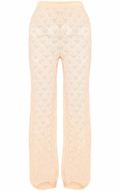 New PrettyLittleThing Patterned Crochet Knit Wide Leg Floaty Pants Cream