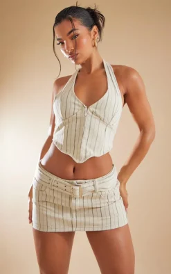 Discount PrettyLittleThing Pinstripe Belted Denim Micro Mini Skirt Cream