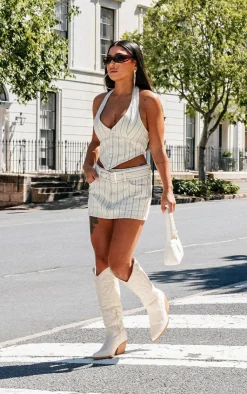 Discount PrettyLittleThing Pinstripe Belted Denim Micro Mini Skirt Cream