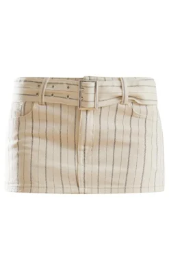 Discount PrettyLittleThing Pinstripe Belted Denim Micro Mini Skirt Cream