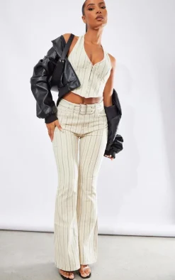 Online PrettyLittleThing Pinstripe Denim Halterneck Top Cream