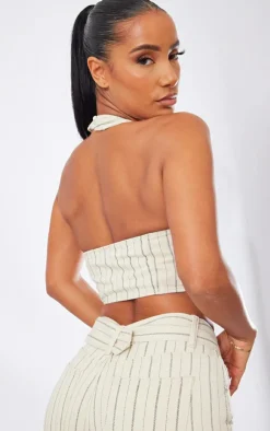 Online PrettyLittleThing Pinstripe Denim Halterneck Top Cream