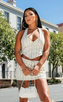 Online PrettyLittleThing Pinstripe Denim Halterneck Top Cream