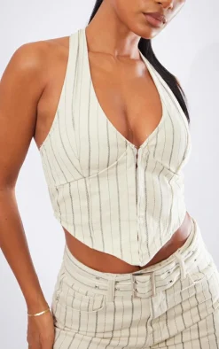 Online PrettyLittleThing Pinstripe Denim Halterneck Top Cream