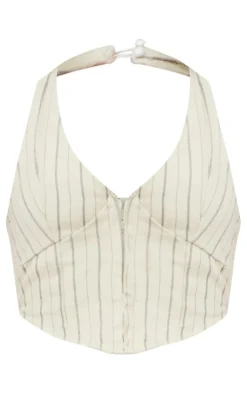 Online PrettyLittleThing Pinstripe Denim Halterneck Top Cream