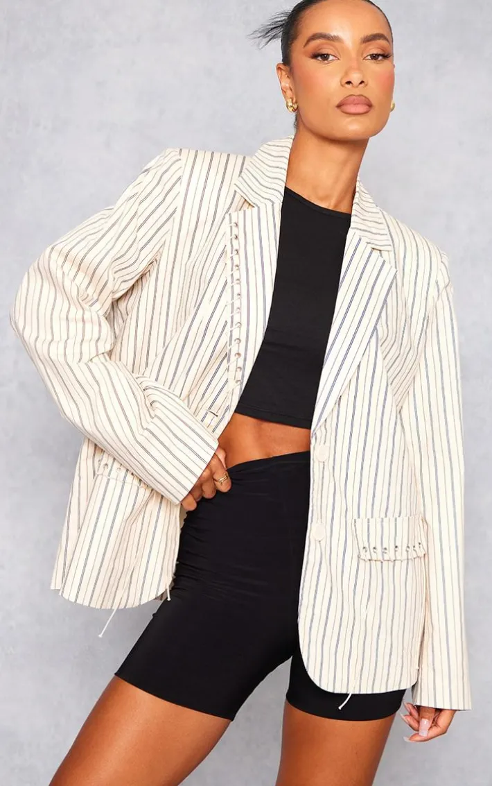 Cream Pinstripe Eyelet Detail Oversized Blazer
