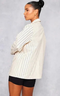 Cream Pinstripe Eyelet Detail Oversized Blazer